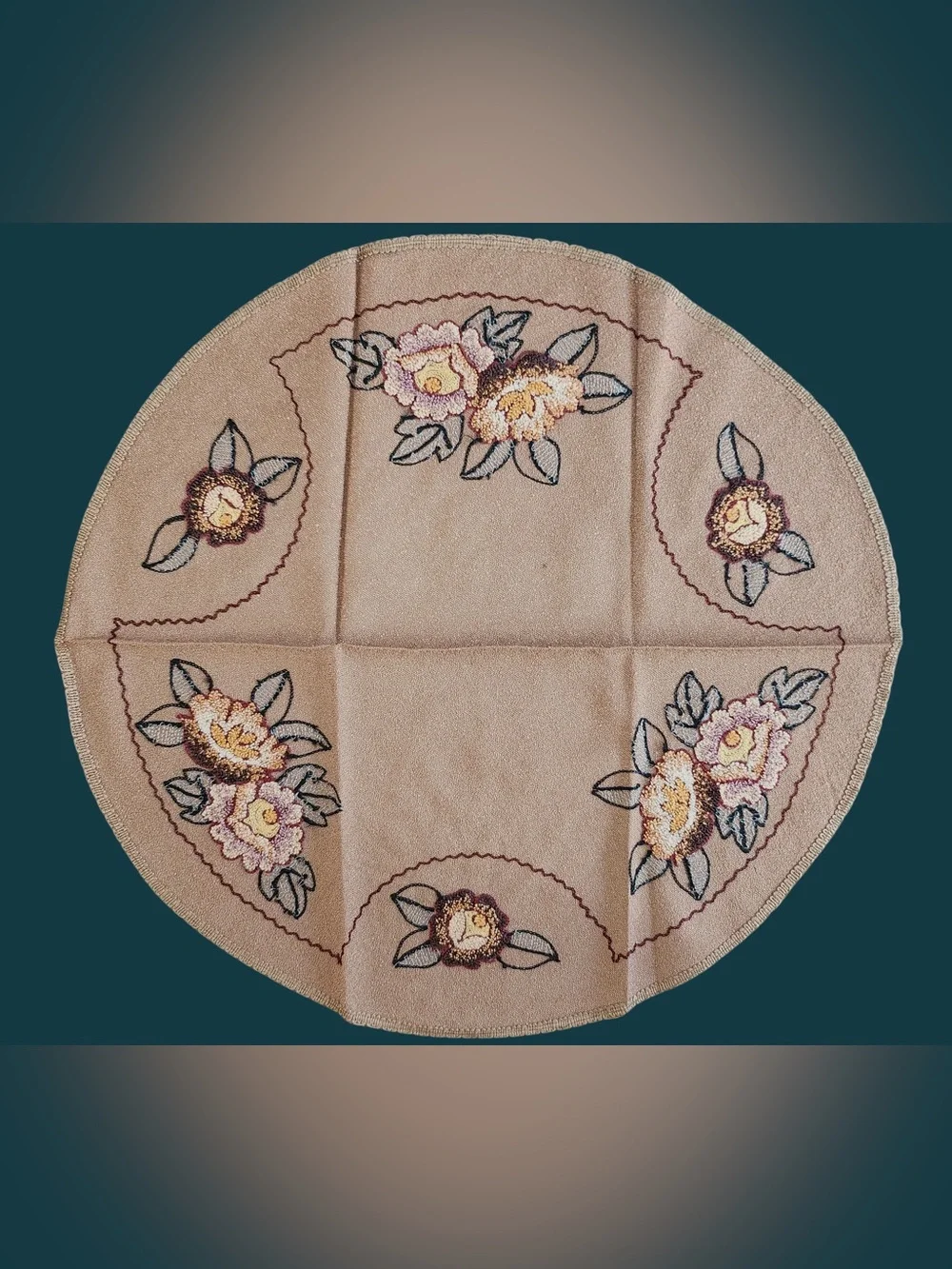 Vintage Punch Needle Embroidered Table Mat / Doily Warm Earth Tones